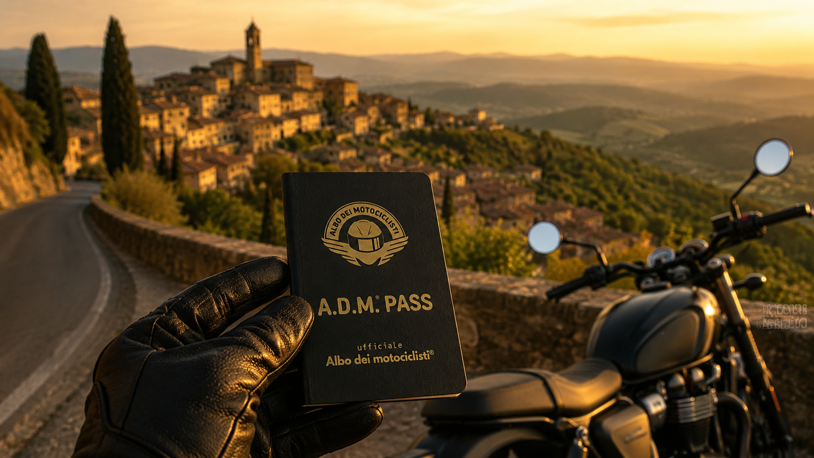 Un motociclista mostra il proprio A.D.M.® PASS davanti a un borgo italiano al tramonto