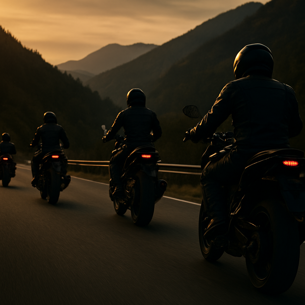 Gruppo di motociclisti in marcia su strada di montagna in formazione sicura
